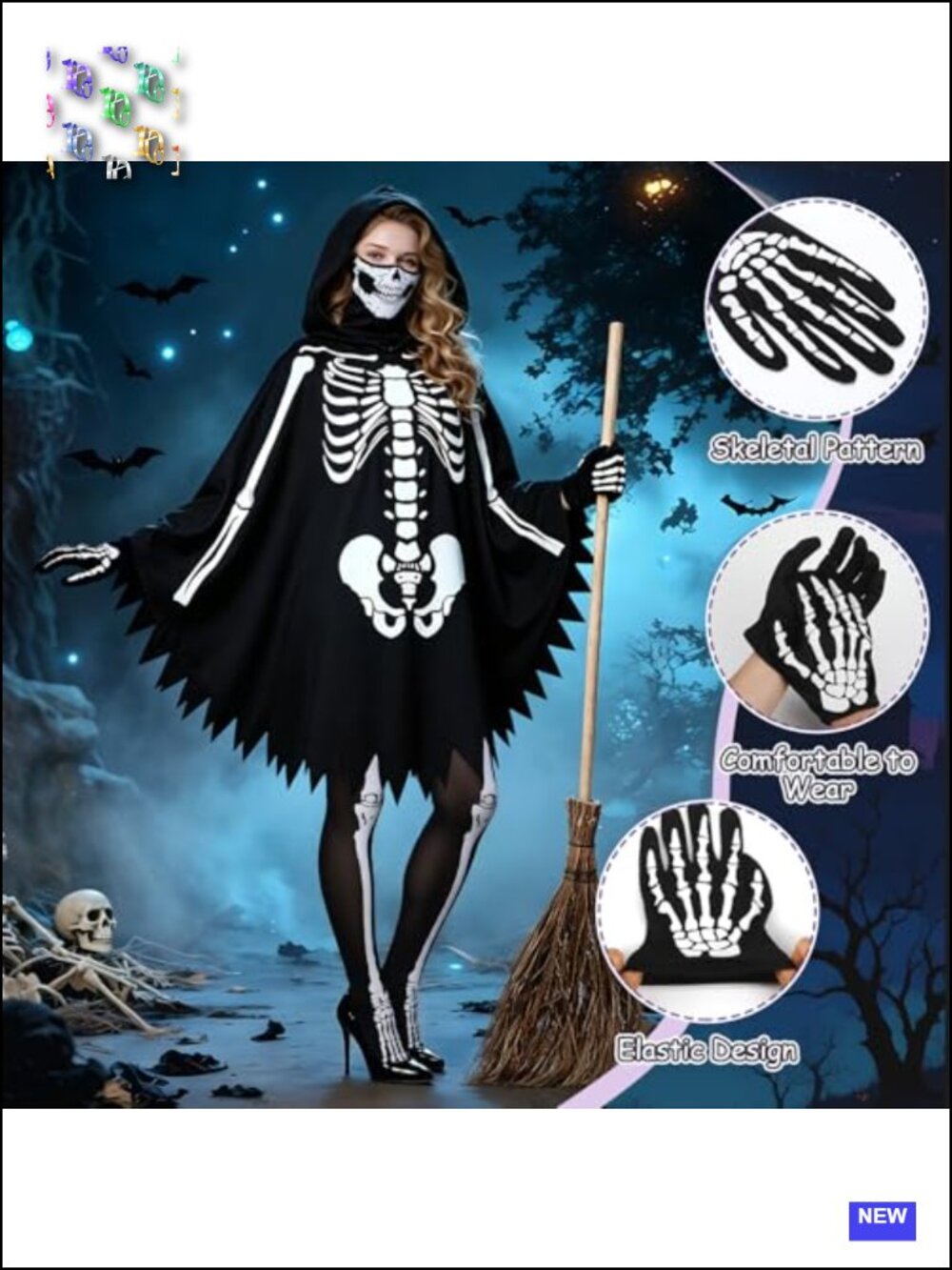 Skeleton Halloween Costume Set Women Poncho Gloves Stockings Mask - Picture 3 of 6